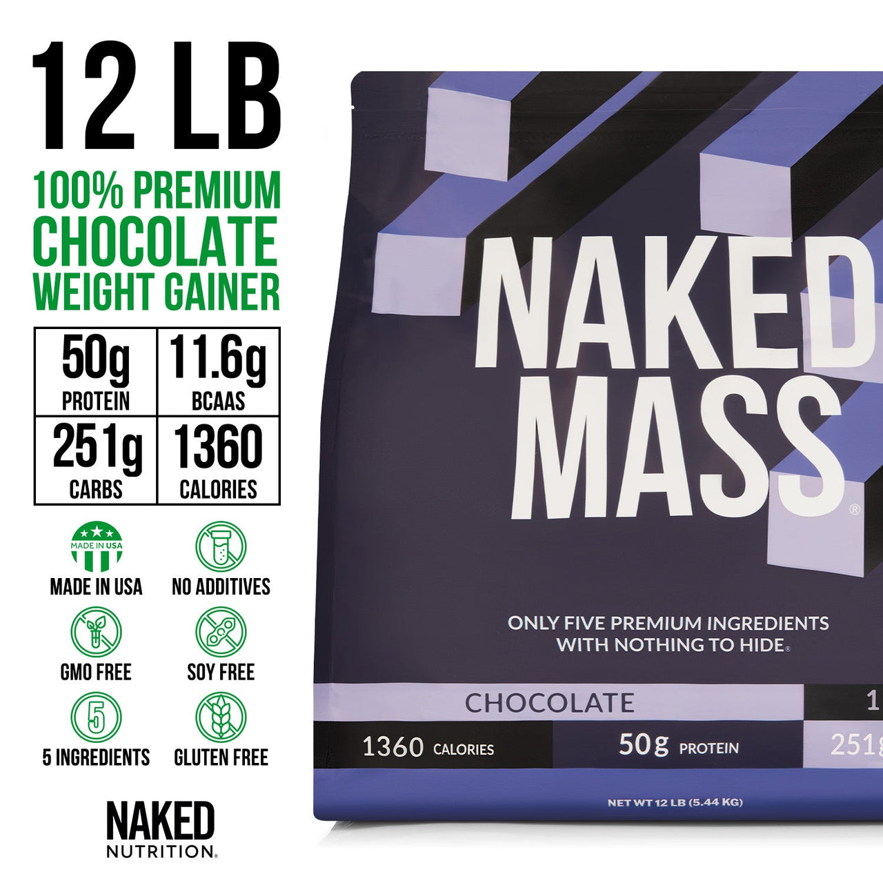 Chocolate Weight Gainer Protein Supplement | Naked Chocolate Mass - 12LB