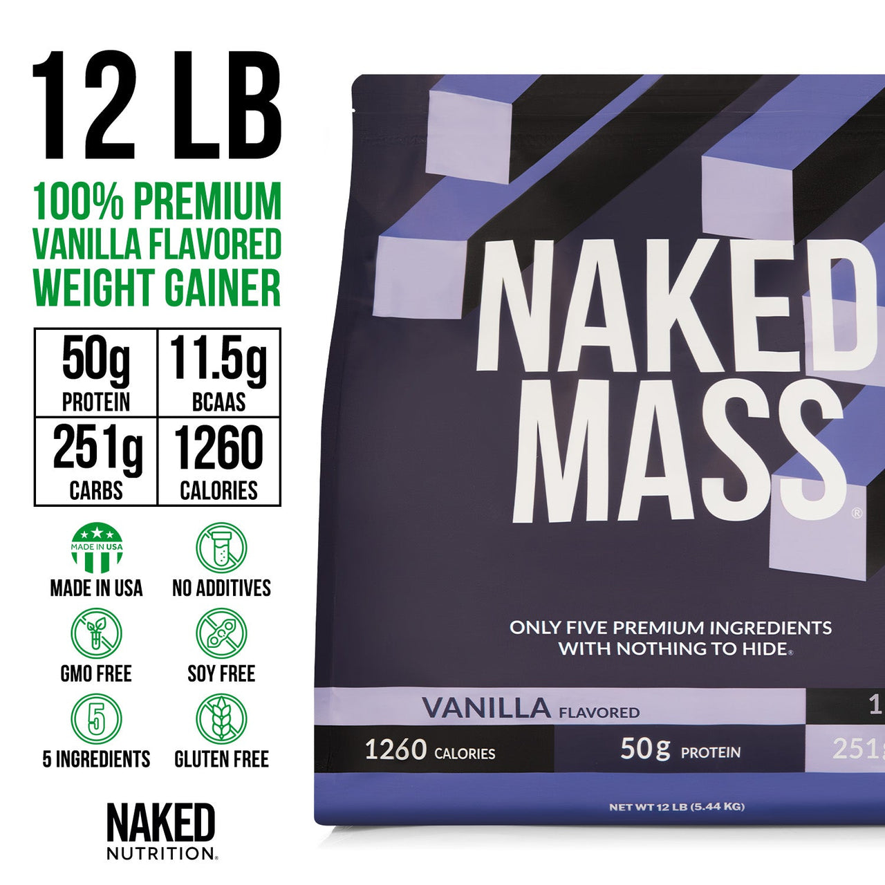 Vanilla Weight Gainer Protein Supplement | Naked Vanilla Mass - 12LB