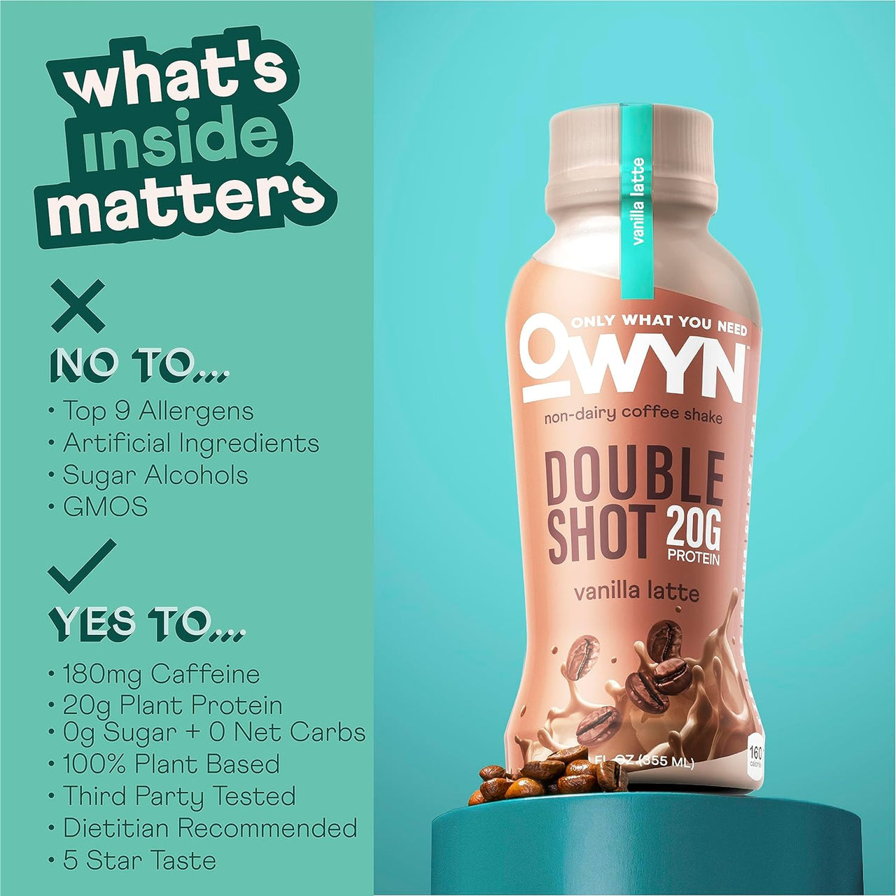 OWYN Non-Dairy Coffee Shake 20g Protein, Double Shot Vanilla Latte, 12oz (Pack of 12)