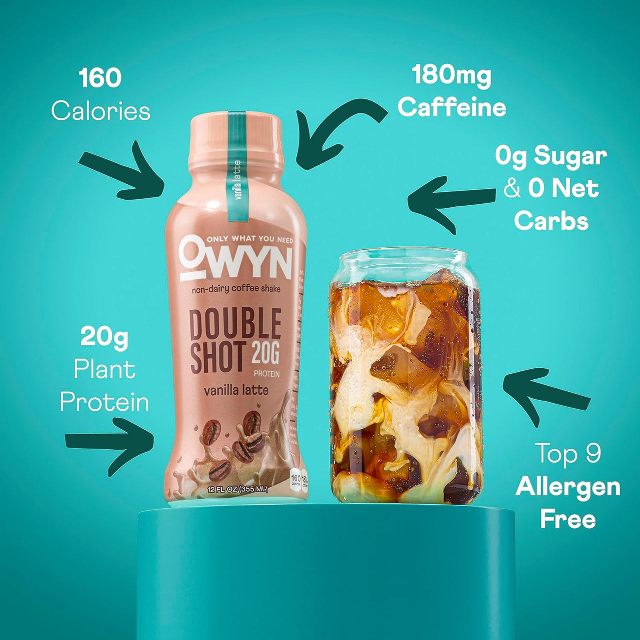 OWYN Non-Dairy Coffee Shake 20g Protein, Double Shot Vanilla Latte, 12oz (Pack of 12)