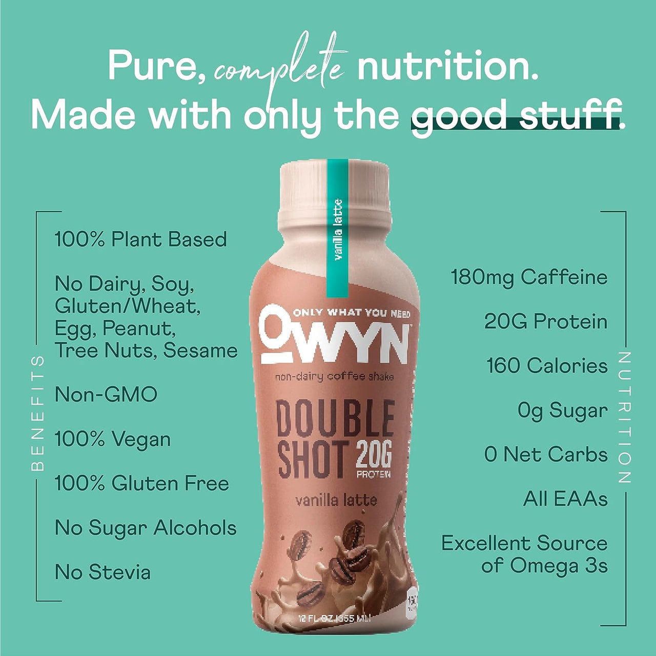 OWYN Non-Dairy Coffee Shake 20g Protein, Double Shot Vanilla Latte, 12oz (Pack of 12)