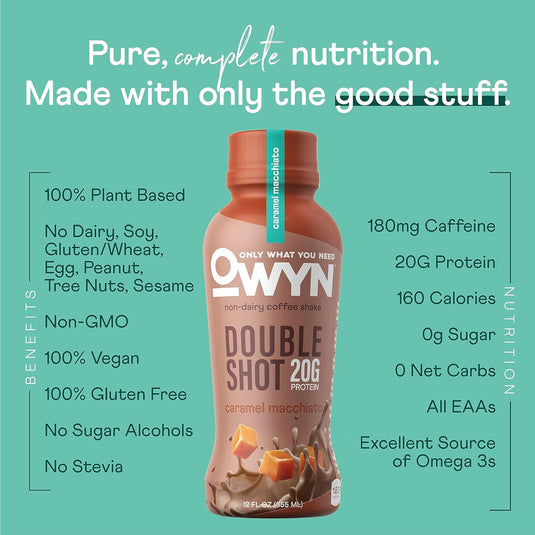 OWYN Non-Dairy Coffee Shake 20g Protein, Double Shot Caramel Macchiato, 12oz (Pack of 12)