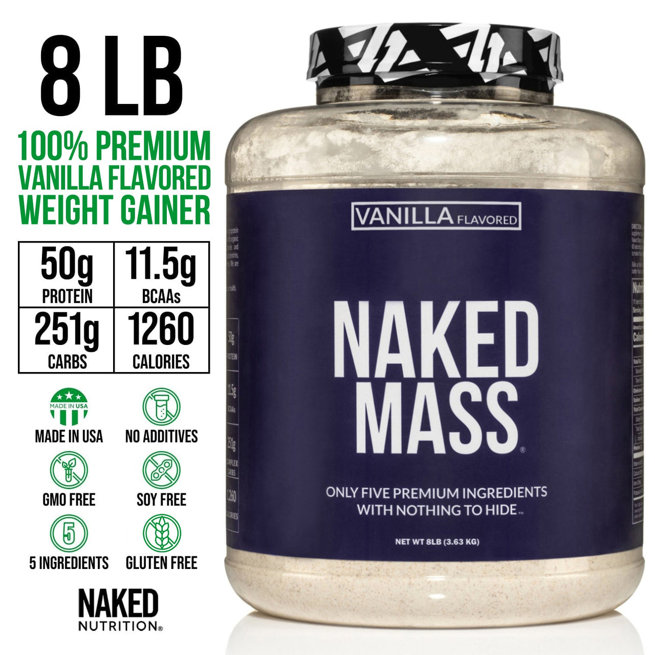 Vanilla Weight Gainer Protein Supplement | Naked Vanilla Mass - 8LB