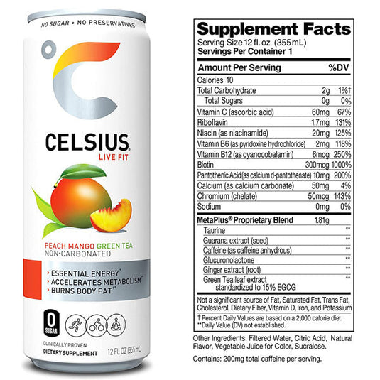 Celsius Essential Energy Drink, Peach Mango Green Tea, 12 Fl Oz