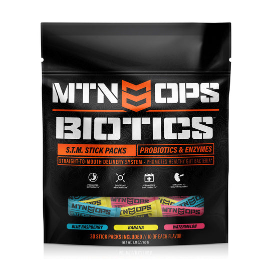 Mtn Ops Biotics S.T.M. Stick Packs  | Builtathletics.com | $34.99 | Supplement | biotics, digestive health, health & wellness