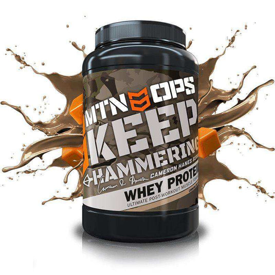 Mtn Ops Chocolate Caramel Keep Hammering Whey Protein BuiltAthletics